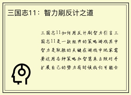 三国志11：智力刷反计之道